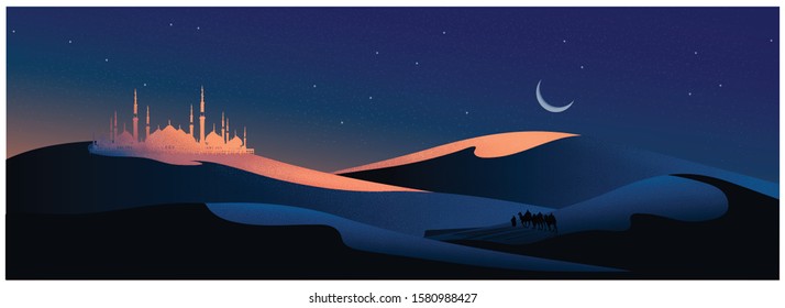 Vector illustration of the Arabian journey with camels through the desert with mosque, Traveler walking through the desert with camels, sand dune, dusk and twilight.With noise and grain texture  