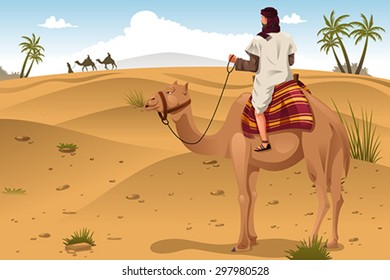 A vector illustration of Arabian riding camels on the desert