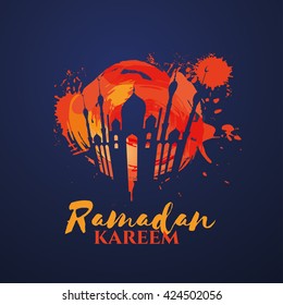 vector illustration Arabic calligraphy inscription Ramadan Kareem, design celebratory illustration with bright geometric patterns, label, logo