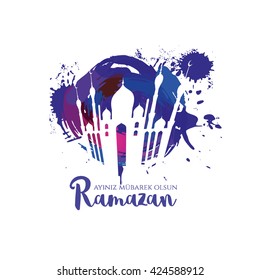 vector illustration Arabic calligraphy inscription Ramadan Kareem. Turkish: Ramazan ayiniz mubarek olsun. Design celebratory illustration with bright geometric patterns, label, logo