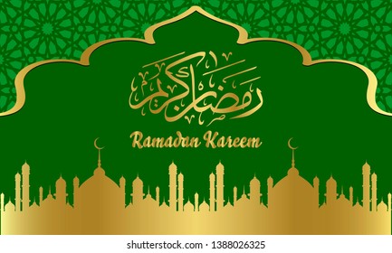 Vector illustration of arabic calligraphy of Ramadan Kareem. Ramadhan is a fasting month for muslim. Greeting card, poster, art, banner, brochure, pamphlet, islamic art on green background.
