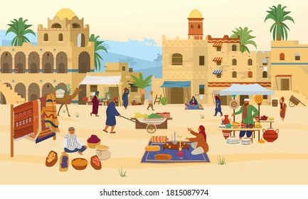 Vector illustration of Arabic desert landscape with traditional mud brick houses and people. Asian Bazaar with carpets, ceramics, fruits, spices. 