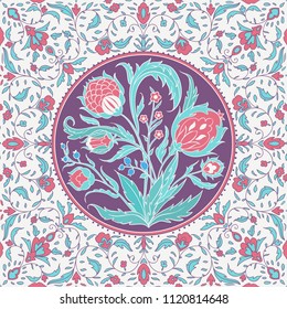 Vector illustration. Arabic, flowers, ornaments leaves. Use for birthday cards, Happy Wedding day, print of a plate and other decorations invitations