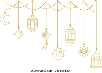 Vector illustration of Arabic lantern ornament. Gold luxury design element of Ramadan Kareem greeting template. Islamic background ramadan, Hanging Gold Lanterns, arabic lamp, star, crescent, moon