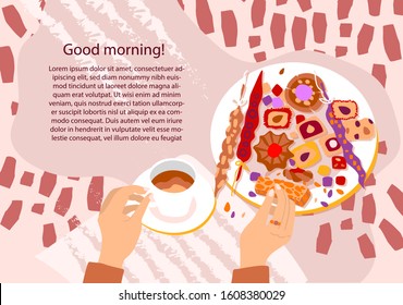 Vector illustration of arabic sweets and arabic tea party. Place for text for a card or poster for a holiday invitation. Kettle,tea,hands and treats in cartoon flat style on a pink background top view