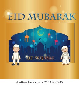 Ilustración vectorial de un joven árabe musulmán celebrando Eid Mubarak, bebé con amigos, padres, amigos.