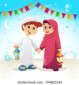 Vector Illustration of Arabic Young Muslim Boy and Girl Celebrating Ramadan