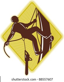 vector illustration of an arborist tree surgeon with chainsaw climbing a tree done in retro style set inside a diamond shape