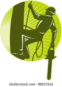 vector illustration of an arborist tree surgeon with chainsaw climbing a tree done in retro style set inside circle