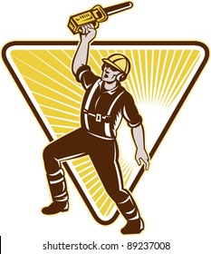 vector Illustration of an arborist,tree surgeon,tree trimmer or pruner raising up chainsaw with one hand with triangle and sunburst in background done in retro style.