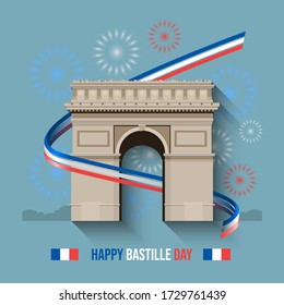 Vector illustration of Arc De Triomphe, France flag, and fireworks, for Bastille Day.