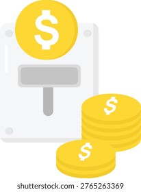 Vector illustration of an arcade coin slot machine with gold coins, representing game center payment, coin-operated machines, and entertainment industry. 