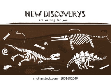 Vector Illustration Of  Archaeological Discoveries. Lettering Poster With Dino Skeletons Buried Underground.