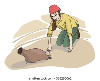 A vector illustration of archaeologist discovering a jug