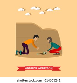 Vector illustration of archaeologists working on a archaeological site. Remains of vase. Ancient artifacts concept design element in flat style.