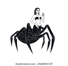 Vector illustration of archana. Half female; half spider. Spider with a woman's body. Mythical creature. Greek mythology. Fantastic character.