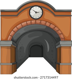 Ilustración vectorial de entrada de túnel de tren de ladrillo arqueado con reloj, sombreado plano, fondo aislado