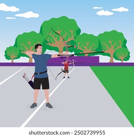 Vector illustration of an archery athlete aiming at a target