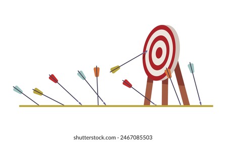 Vector illustration of an archery competition: a target with one hit arrow and missed arrows on a white background. Perfect for themed designs dedicated to archery