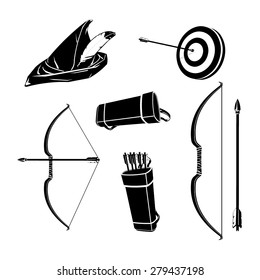 A vector illustration of an archery set for sport competition.
Archery Sport illustration Icons.
Old fashioned retro archery icons.