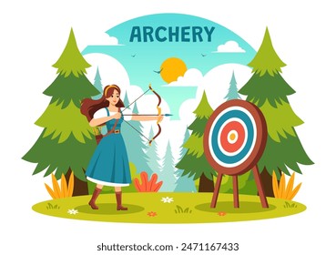 Vector Illustration of Archery Sport with a Bow and Arrow Aiming at a Target, Depicting an Outdoor Recreational Activity in a Flat Cartoon Background