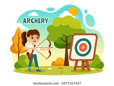 Vector Illustration of Archery Sport with a Bow and Arrow Aiming at a Target, Depicting an Outdoor Recreational Activity in a Flat Cartoon Background