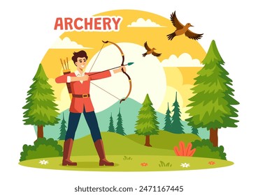 Ilustración vectorial de tiro con arco y flecha hacia un objetivo, representando una actividad recreativa al aire libre en un fondo plano de dibujos animados