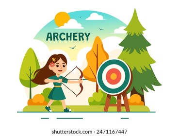 Ilustración vectorial de tiro con arco y flecha hacia un objetivo, representando una actividad recreativa al aire libre en un fondo plano de dibujos animados
