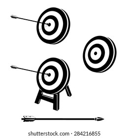 A vector illustration of a vector archery target with arrow.
Bulls eye on archery target.
On target icon concept.