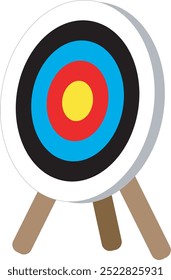 Vector illustration of an archery target board with black, blue, red, and yellow rings on a wooden tripod stand, perfect for sports and outdoor activities