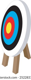 Vector illustration of an archery target board with black, blue, red, and yellow rings on a wooden tripod stand, perfect for sports and outdoor activities.