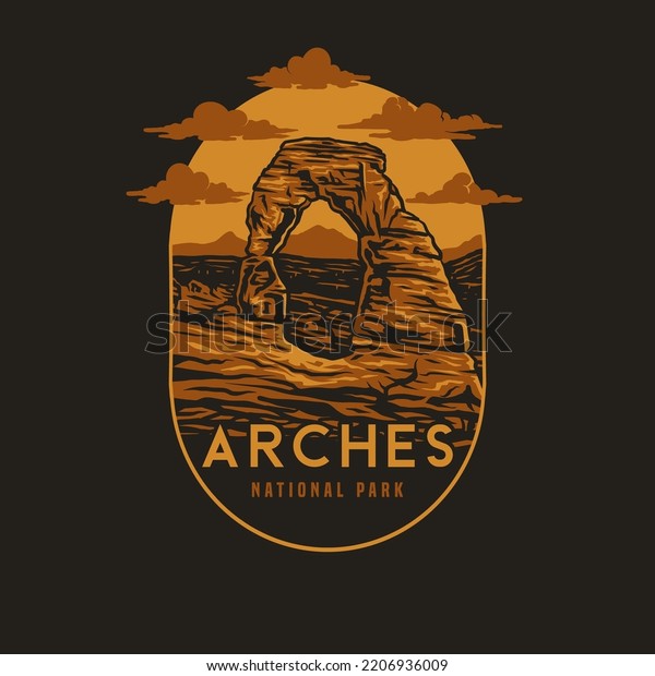 Vector illustration of Arches National\
Park, hand drawn line style with digital\
color