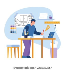 Vector illustration of architect. Cartoon scene with guy who draws blueprints, makes room design on white background.