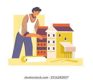 Vector illustration of an architect drawing a building structure in a minimalist flat style. Isolated on a white background. Perfect for architectural presentations, design concepts, and educational 