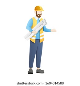 Vector illustration Architect or Engineer carry blue print sheets. Worker wear safety helmet with blue print. Vector illustration isolated background