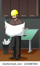 A vector illustration of Architect Looking at Blueprint 
