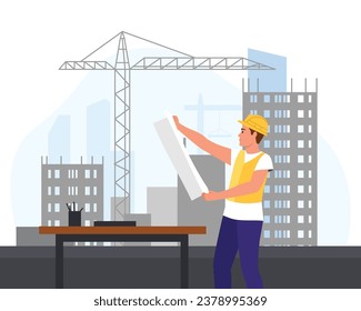 Vector illustration of an architect on a construction site. Cartoon scene with an architect in a vest and hard hat checking blueprints and a table with a glass of pencils, with silhouettes.