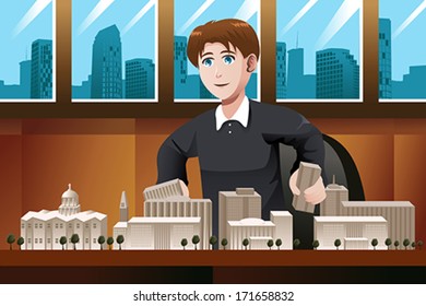 A vector illustration of architect working in the office
