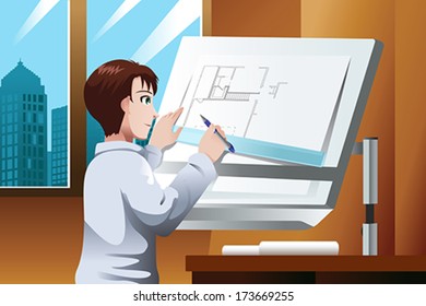 A vector illustration of architect working on blueprint in the office