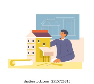 Vector illustration of an architect working on a house model in a flat design style. Isolated on a white background. Suitable for architectural designs, housing projects, and creative planning.