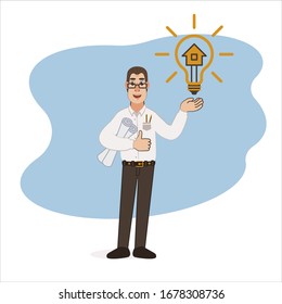 Vector illustration of an architector representing a house project. A man with glasses shows a light bulb in the picture. Estate agent in a white shirt and trousers.