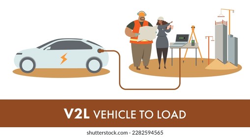 A vector illustration of architects and builders working on a construction site using V2L technology where an electric vehicle acts as a mobile battery.