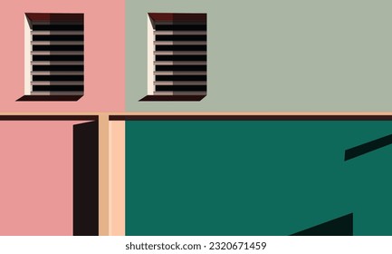 Vector illustration architectural background facade of modern colorful building house with windows. Bright sunlight deep shadows. Modern contemporary style. Template with copy space