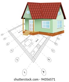 Vector illustration of a architectural blueprint with 3d house object