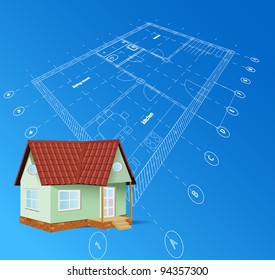 Vector illustration of a architectural blueprint with 3d house object