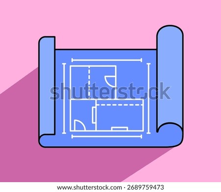 Vector illustration of an architectural blueprint with room layout and measurements on a pink background. Minimalist flat design concept for architecture, construction, planning, and engineering
