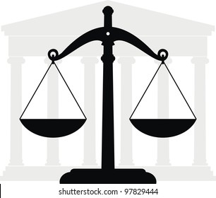 Vector illustration of architectural element - Portico (Colonnade), ancient temple and scales.  Symbols of justice and low. Isolated illustration (black and gray silhouette) on white background.