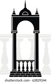 Vector illustration of architectural element - Silhouette of an arch with balustrade and spikes: black, isolated, white background