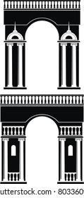 Vector illustration of architectural element - Silhouettes of triumphal arch with balustrade and windows niches:  black, isolated, white background