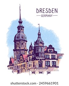 Vector illustration of architectural sketch of historic building. Colorful urban landscape of Dresden Castle, Germany. Digital drawing by hand. Hand-drawn travel postcard, banner, poster.